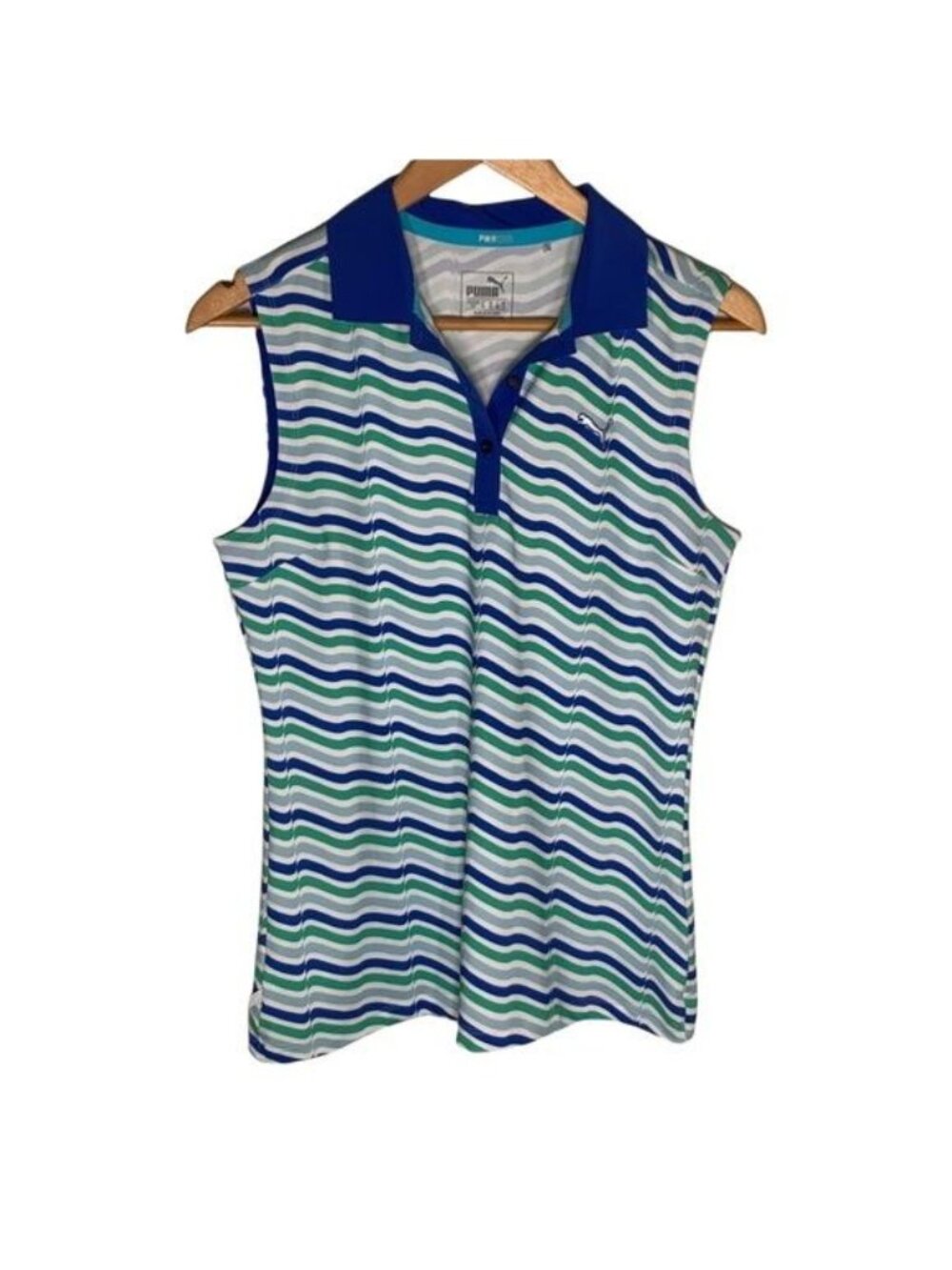 Puma Golf Womens Small Sleeveless Polo Shirt Blue Stripe PWRCOOL Top